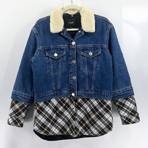 Maje Bergamo Checked Cotton-Panelled Denim Jacket Faux Sherpa Collar Small